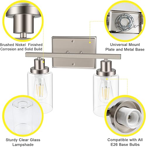 Miniatura 7 de Ascher Apliques de pared de 2 luces, moderna lámpara de tocador con pantalla de vidrio transparente, lámpara de pared de níquel cepillado para