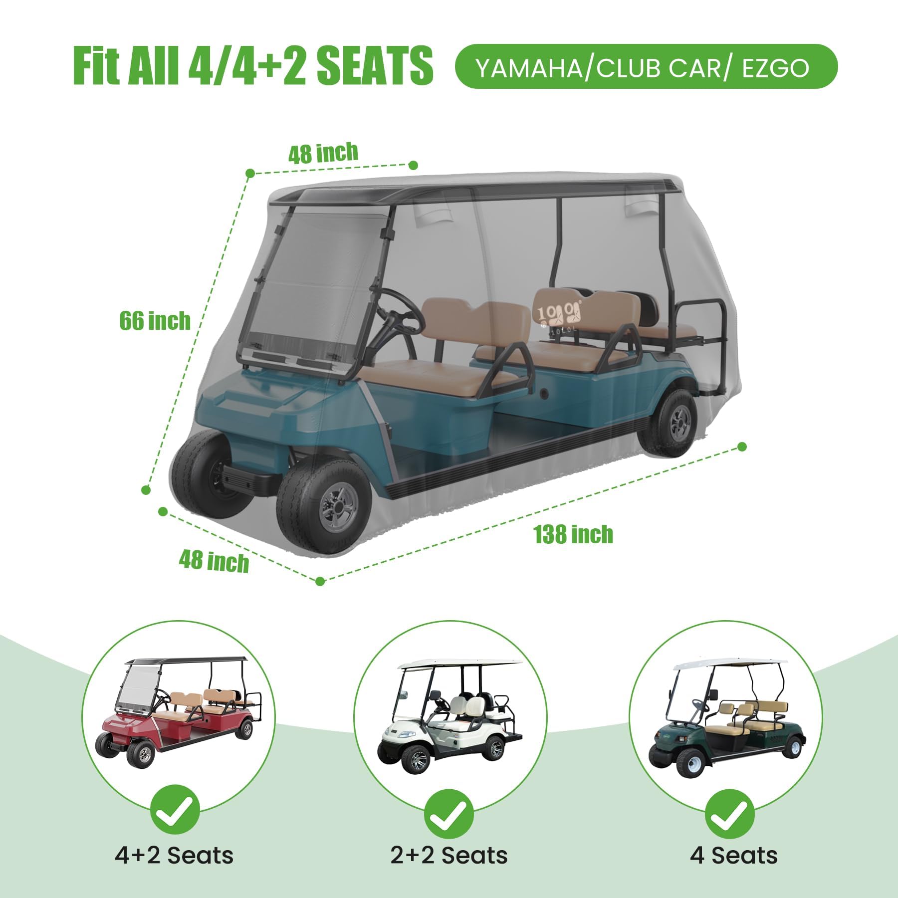 10L0L Copertura Bugyy per golf 4/4+2 passeggeri per Yamaha EZGO Club Car Golf Cars, 420D impermeabile durevole poliestere Golf Cart Cover con tre porte con cerniera antivento Sunproof - Nero