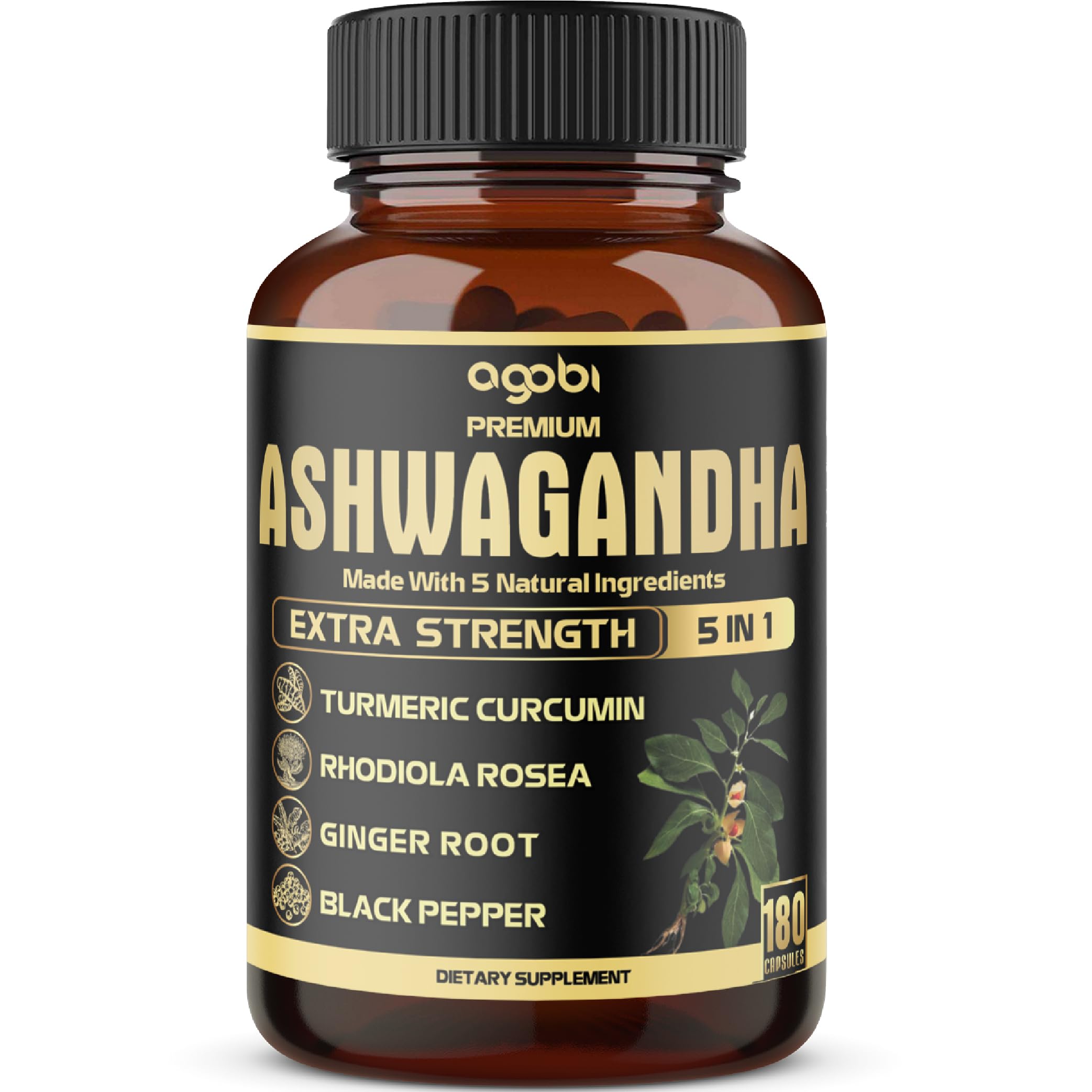 5in1 Premium Ashwagandha Capsules - Added Turmeric, Rhodiola Rosea, Ginger, Black Pepper - 180 Caps for 6 Months