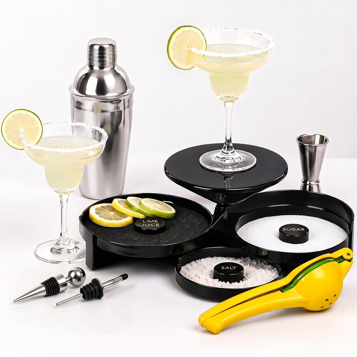 Margarita Glasses Set of 2, 8.5oz Margarita Glass Set with Cocktail Shaker, Jigger, 3-Tier Salt Rimmer, Citrus Squeezer & Pourers, Margarita Making Kit for Home Bar, Parties & Gifts