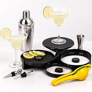 Margarita Glasses Set of 2, 8.5oz Margarita Glass Set with Cocktail Shaker, Jigger, 3-Tier Salt Rimmer, Citrus Squeezer & Pourers, Margarita Making Kit for Home Bar, Parties & Gifts