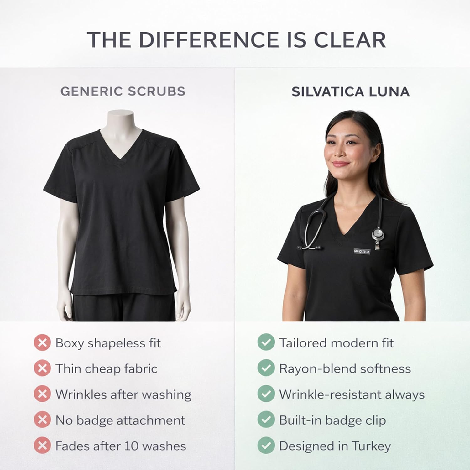 Silvatica Luna Women's V-Neck Scrub Top | Tailored Fit, 4-Way Stretch, 1 Chest Pocket | Soft Rayon Blend Nursing Uniform