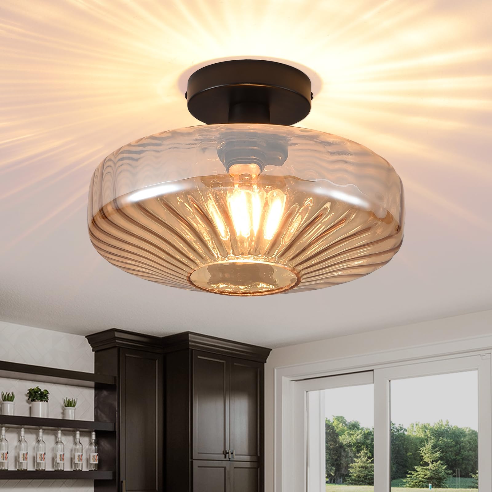 Semi Flush Mount Ceiling Light,11.8 inch Vintage Warm Amber Glass Ceiling Light Fixture,Living Room Lighting Fixtures Ceiling for Hallway Porch Bedroom Bathroom Dining room,E26 Base(Bulb Not Included)