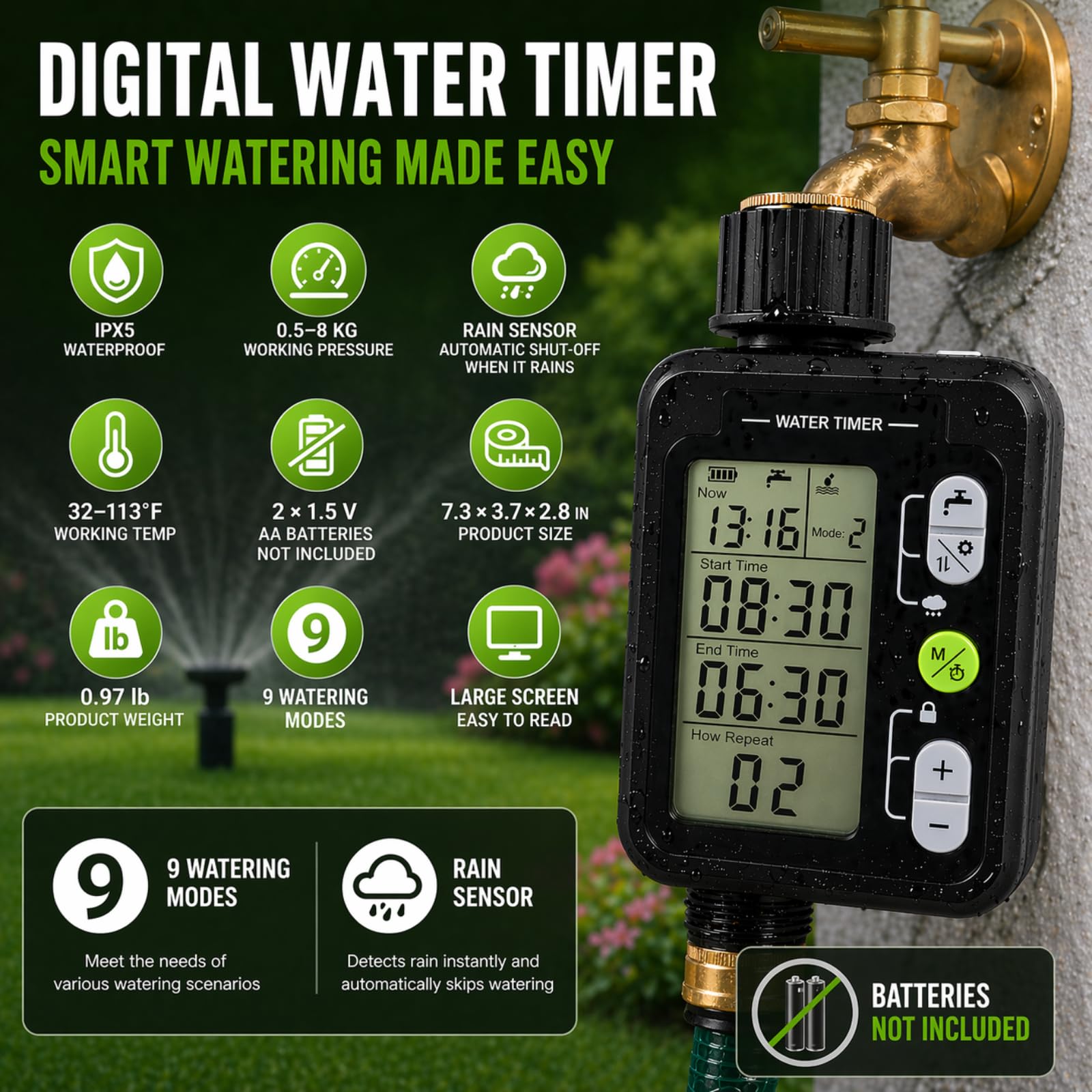 Timer wody do węża ogrodowego, timery zraszaczy, timer węża nawadniającego z automatycznym i ręcznym podlewaniem, mosiężne szybkozłącze i taśma uszczelniająca w zestawie do trawnika, podwórka