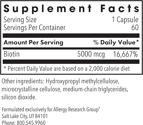 Miniatura 2 de Allergy Research Group Biotin 5000 Suplemento - 5000mcg de biotina, vitaminas para el cabello, la piel y las uñas, dosis alta, cápsulas