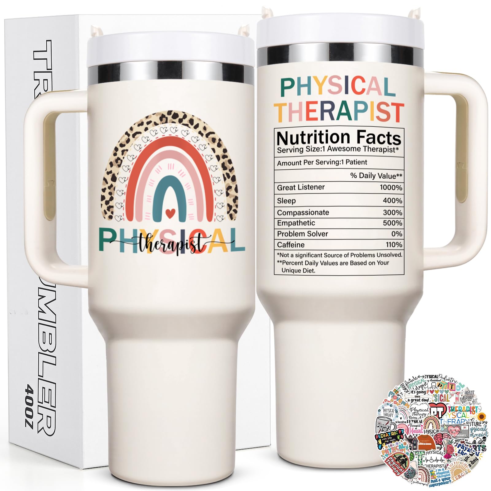 Lifecapido Physical Therapist Gifts, PT 40oz Insulated Tumbler with Stickers, Birthday Christmas PT Month Gifts for Physical Therapists, Creamy