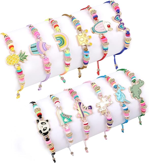vamei 12pcs Friendship Bracelets for Girls Adjustable Braided Bracelet Cute Rainbow Crown Panda Unicorn Bracelet Handmade Woven Bracelets Party Bag Fillers for Kids