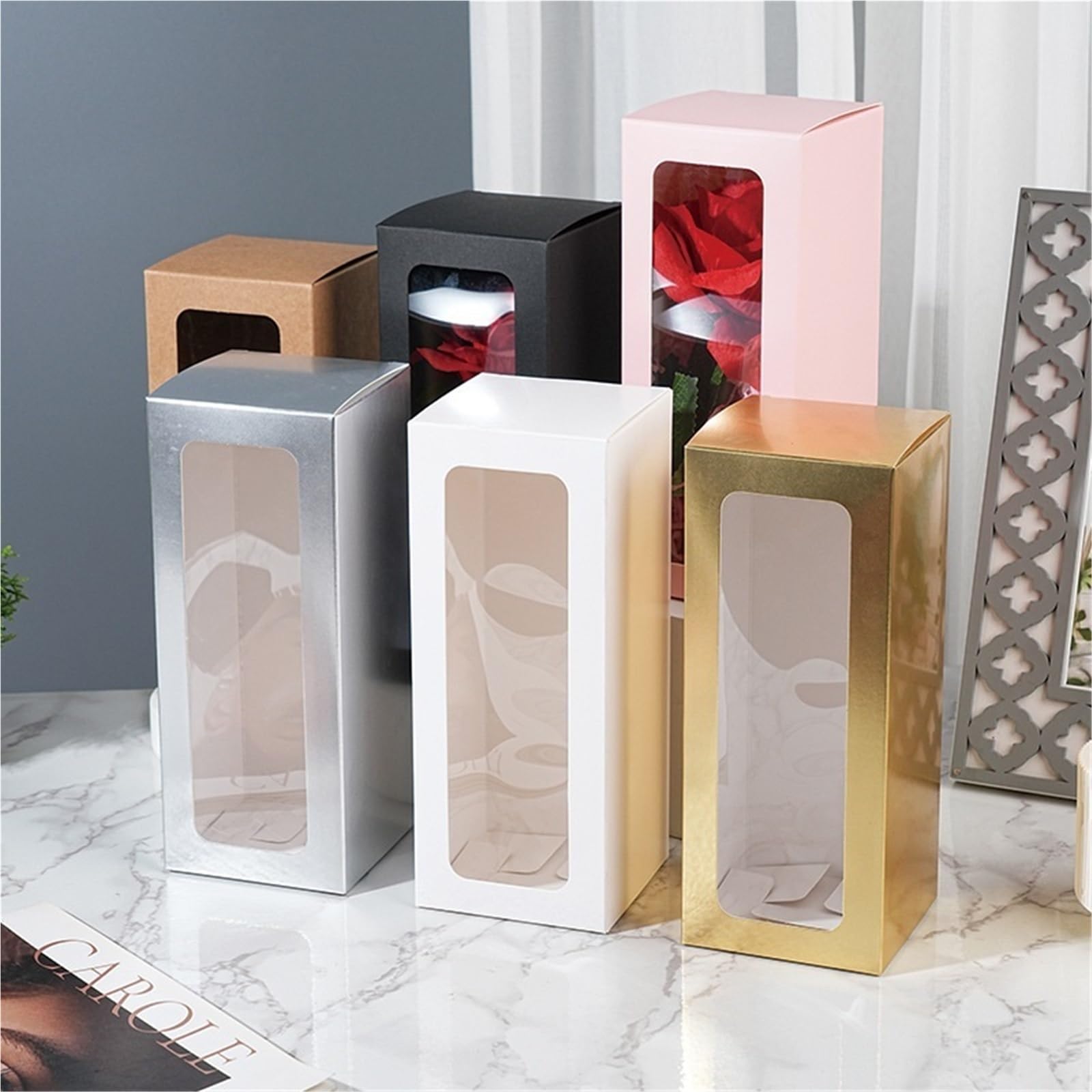 Kraftpapier Box Mit Fenster 8 x 20 cm große Geschenkbox mit Fenster