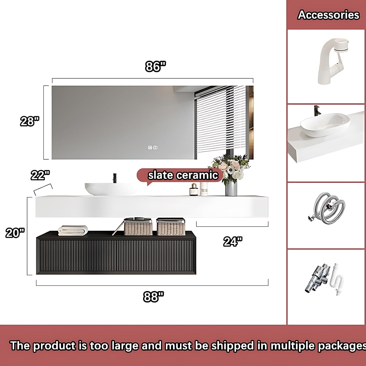 Bathroom Vanity with Sink - Floating Bathroom Bathroom Vanity with LED Smart Medicine Cabinet & Makeup Space | Multi-Layer Solid Wood (UNDERCOUNTER Sink, 88")