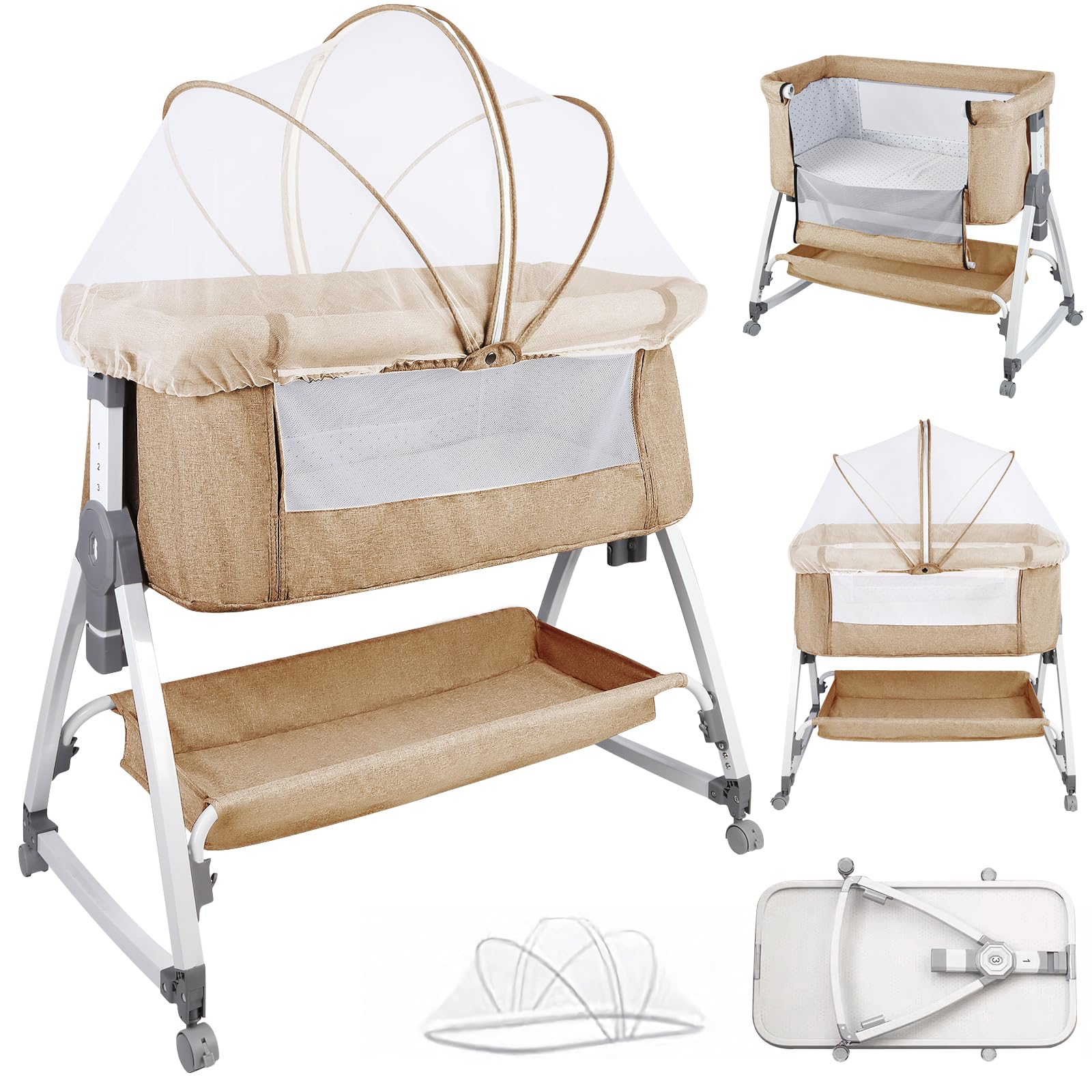 OHMG Cuna de bebé 4 en 1, mecedora de bebé con colchón, cuna de camping con ruedas y correas, ajustable en altura, inclinación de 10°, para niños de 0 a 6 meses