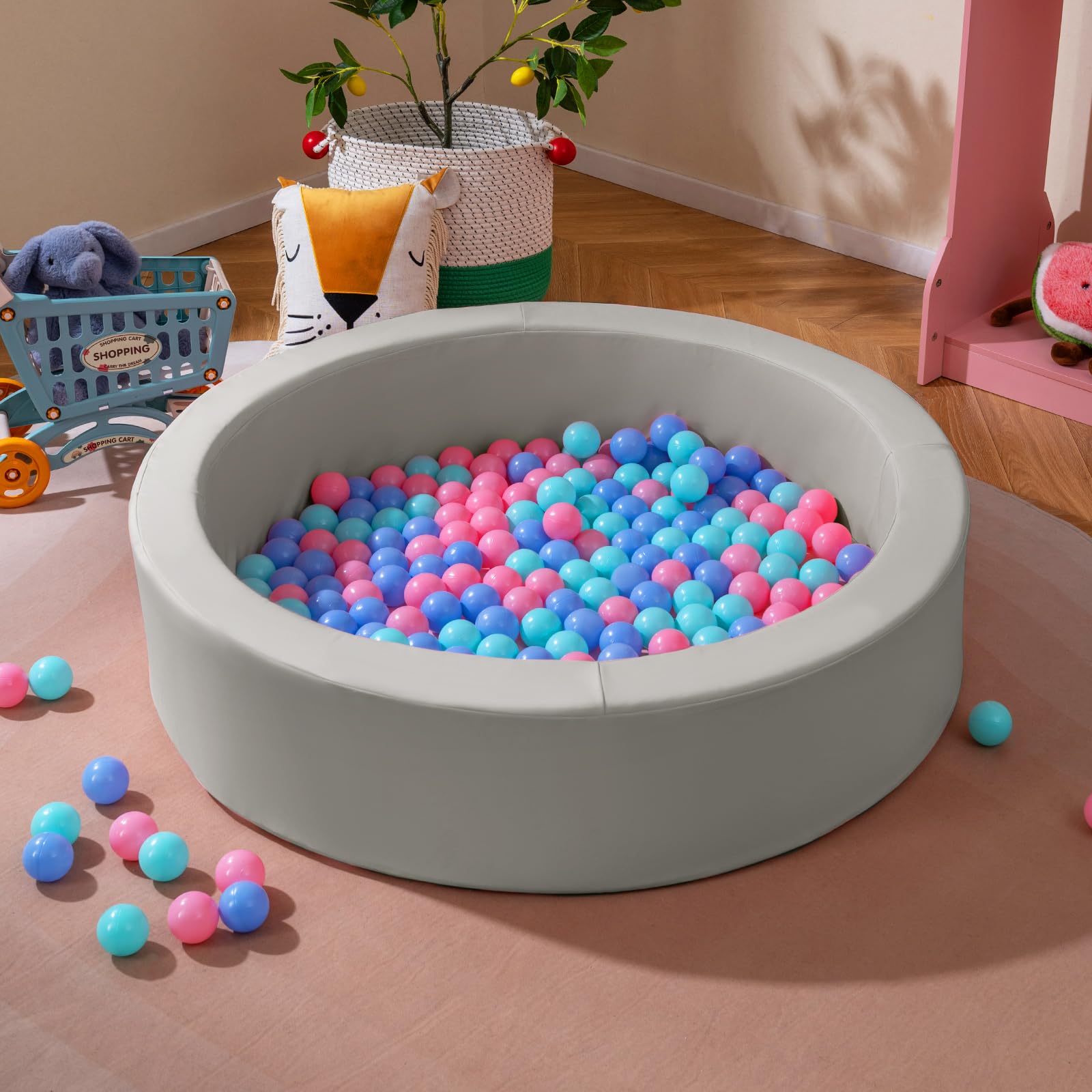 GOPLUS Piscine a Balle pour Bébé en Mousse 105x24 CM avec 200 Balles, Piscine a Balle pour Enfant Rond, Lavable en Machine, Motif Étoile, Aire de Jeux pour Tout Petit Intérieur, Gris/Rose