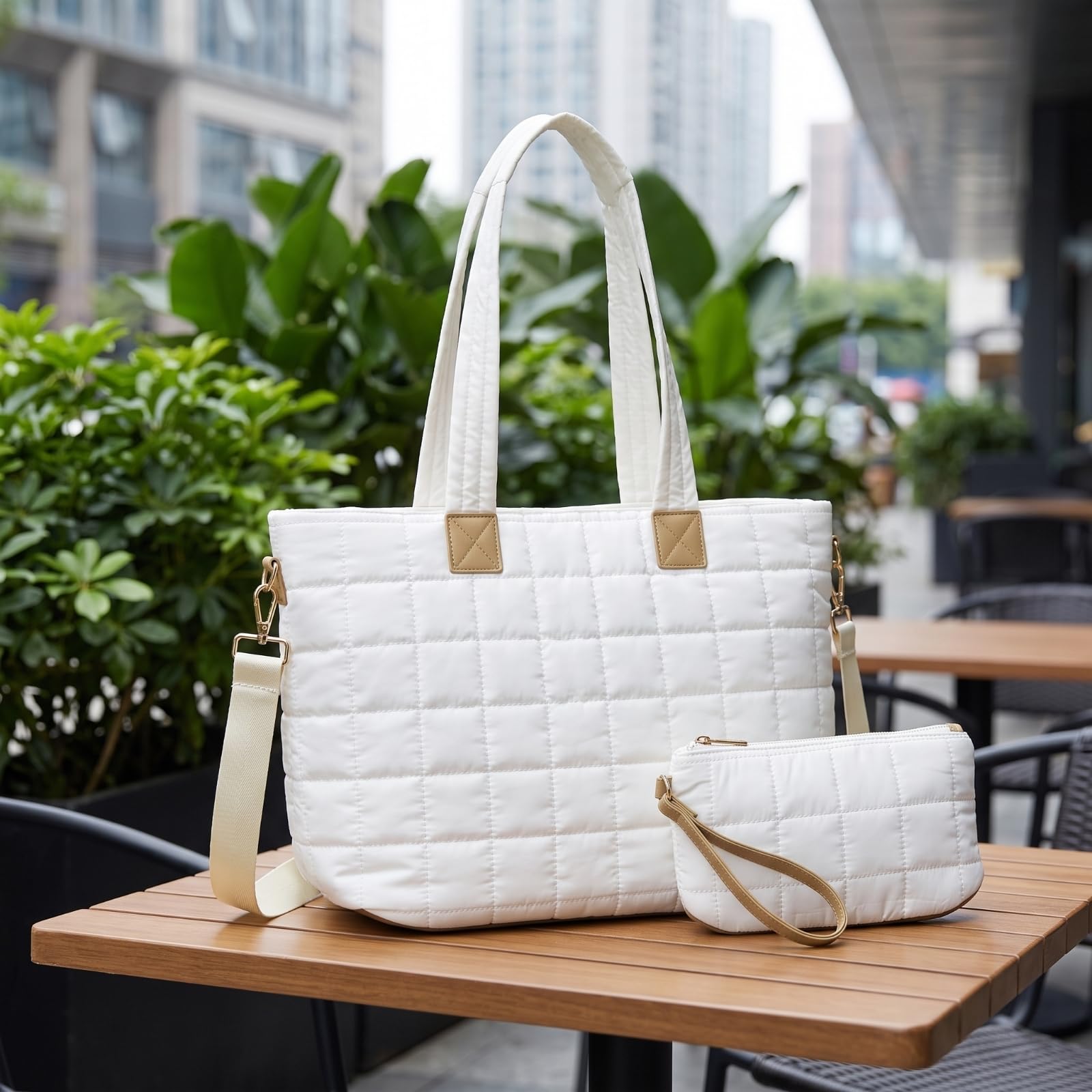Amagogo Bolso Acolchado de Mujer Bolsa Tote Bolso de Hombro Cartera Bandolera con Estuche Asa Larga Compartimento para Portátil Bolsillos Antiderrames