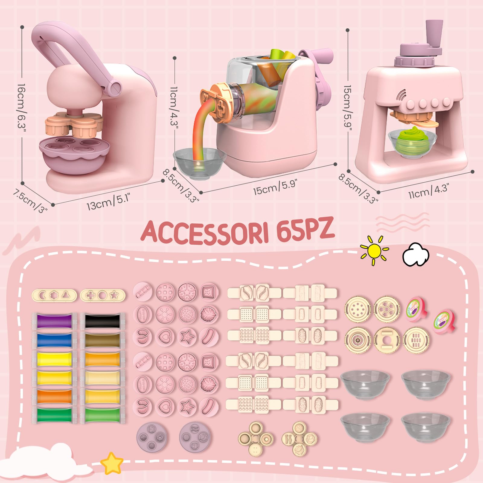 JONRRYIN Plastilina per Bambini, 65 Pezzi Formine per Plastilina Accessori con Macchina per Pasta e Gelatiera, Playdough Pasta da Modellare Regalo Giochi per Ragazzi Bambina (Pink1)