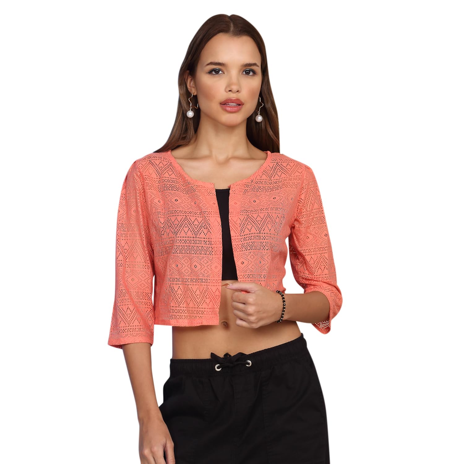Women's Self Designed 3/4th Sleeve Front Open Cotton Lace Shrug-picture-21