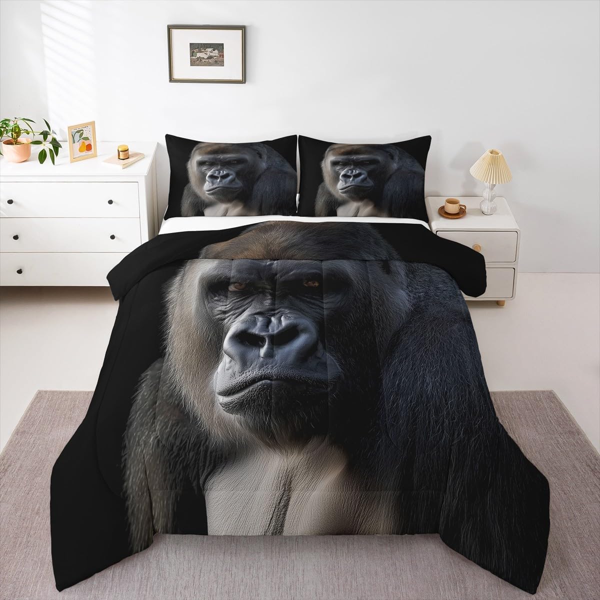 Erosebridal Monkey Bedding Set Queen Size Chimpanzee Comforter Set Ape Black Monkey Down Comforter Tropical Wildlife Animal 2 Pillow Cases Quilted Duvet for Kids Boys Girls Teens