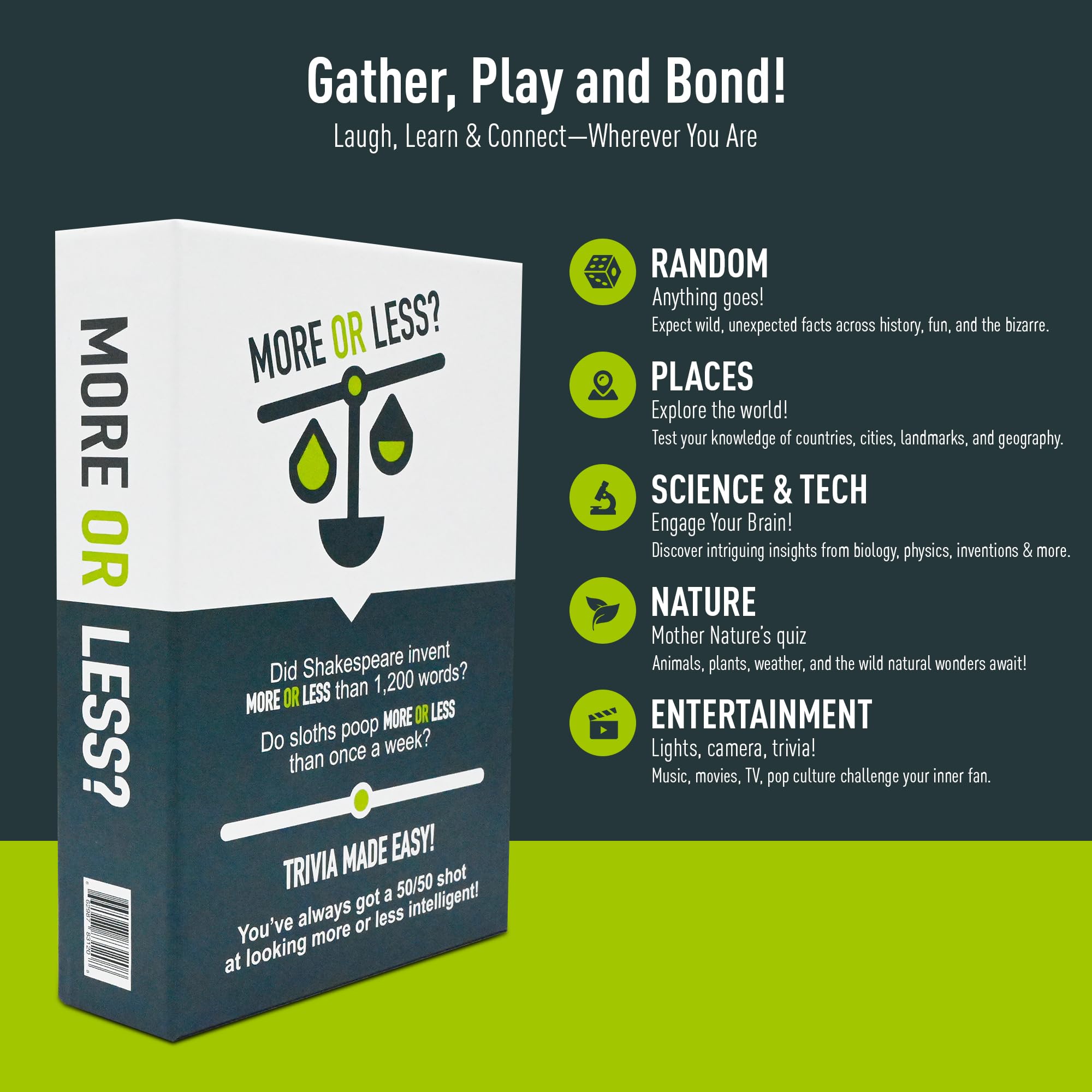 More Or Less? Juego de cartas de trivia, compacto y divertido, ideal para viajes, noche de juegos familiares, regalos de Navidad y vacaciones, 5 categorías de preguntas