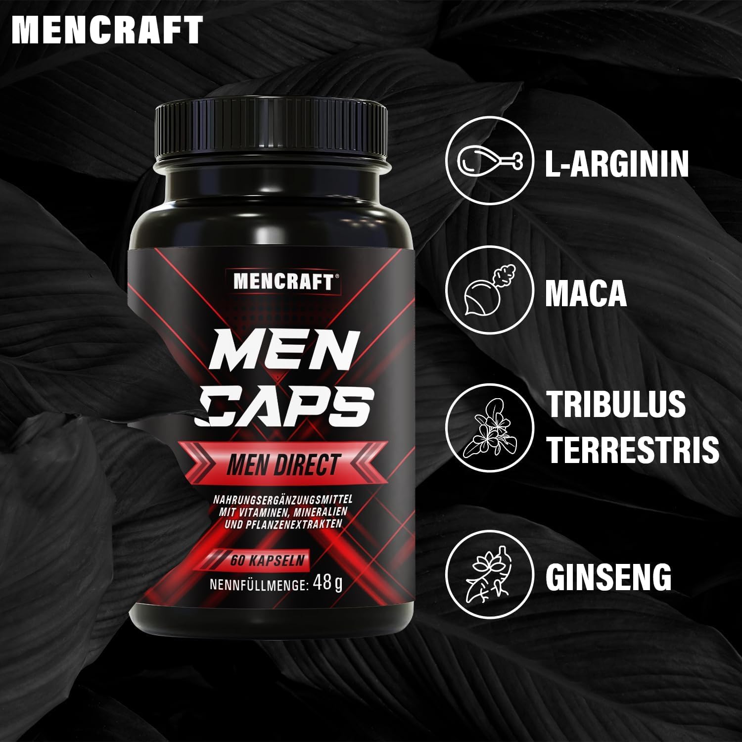 MEN DIRECT - Männer Kapseln extrastark - SOFORT Rezeptur hochdosiert - mit L-Arginin, Maca, Tribulus Terrestris, Ginseng, 60 Kapseln