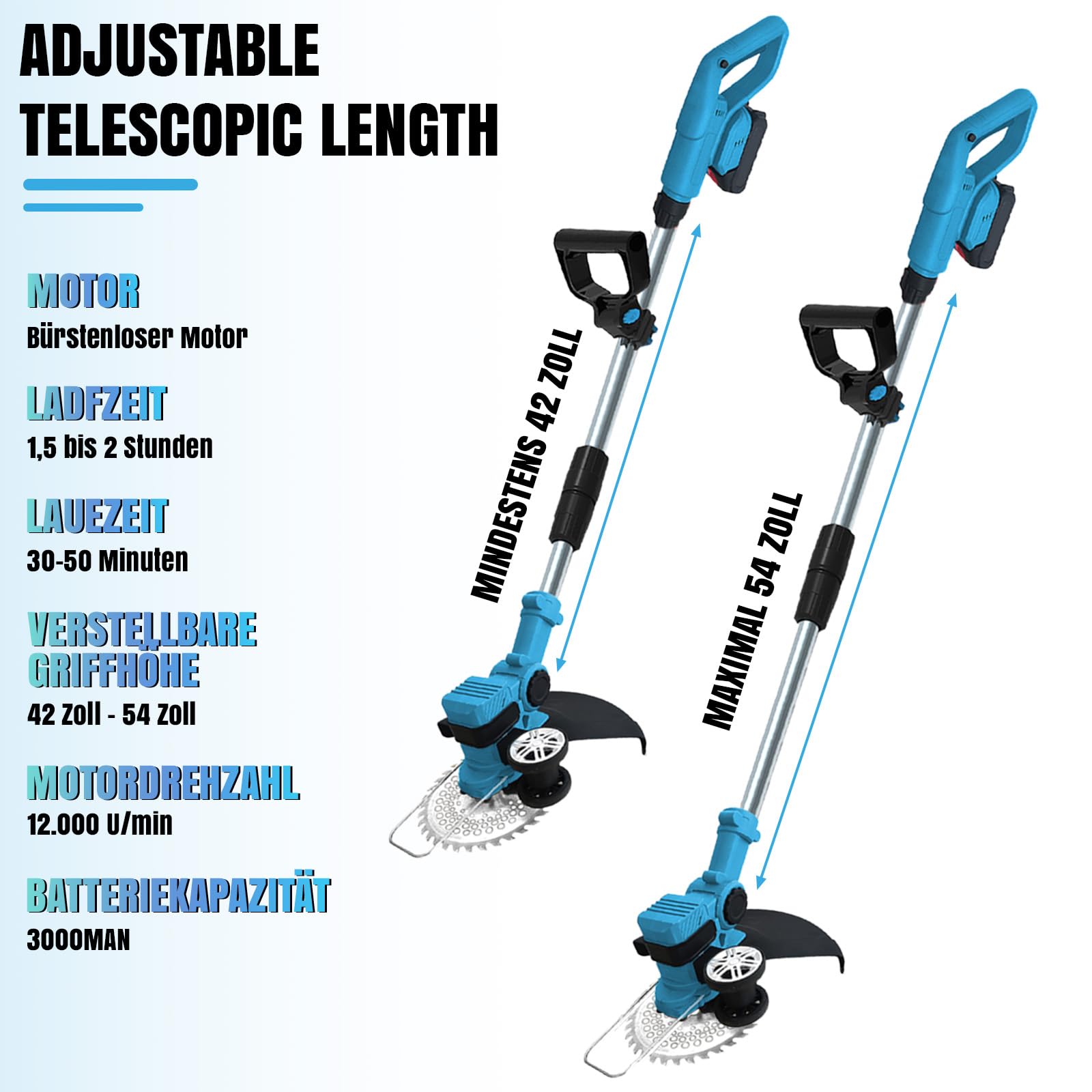 Akku Rasentrimmer kompatibel mit Makita-Akkus mit 4 verschiedenen Messertypen Bürstenloser Rasentrimmer mit 2 x 21V-Akkus Rasenkantenschneider Akku-Motorsense für Garten