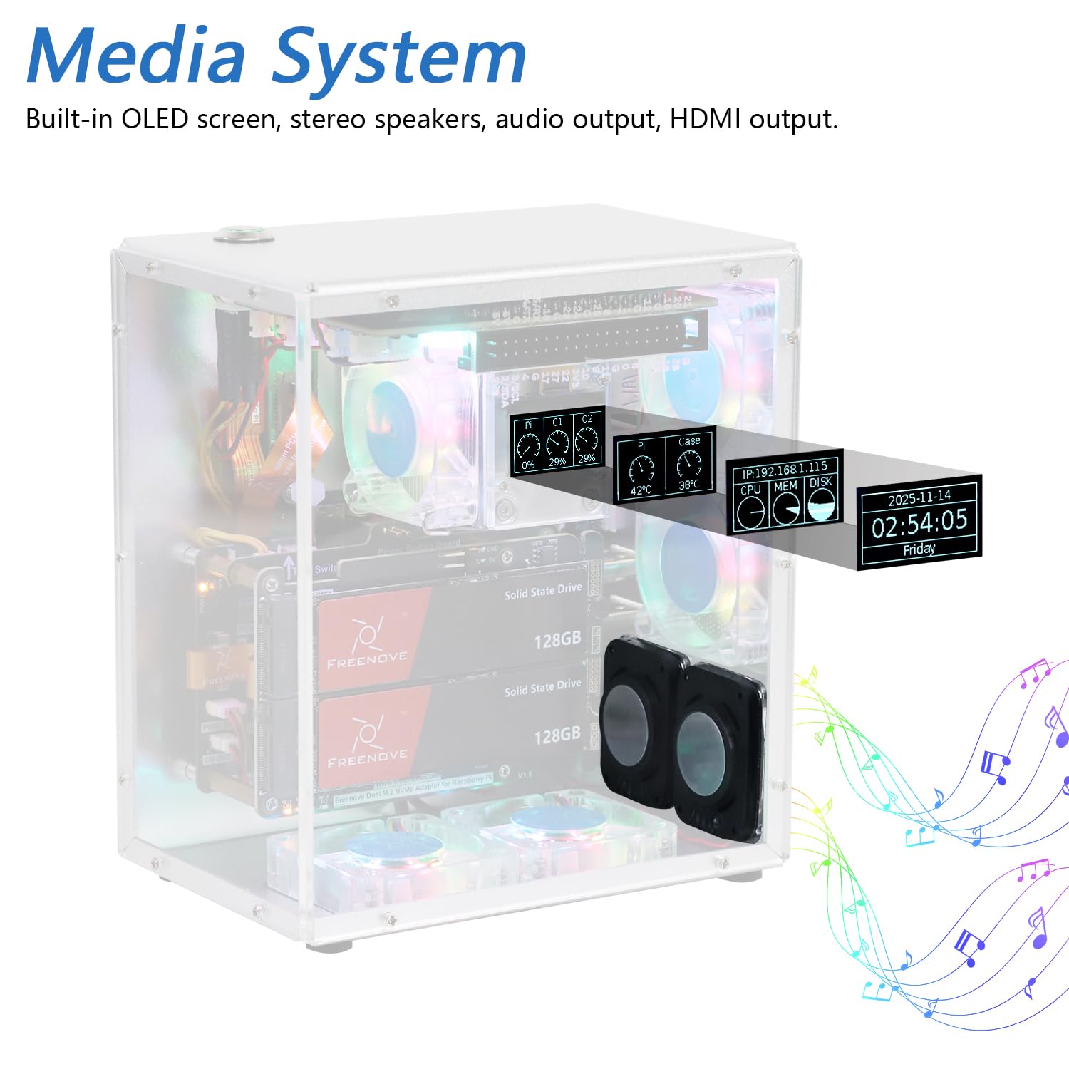 Freenove Raspberry Pi 5 Case Kit Pro, Dual M.2 NVMe SSD Slots, 5 PWM ARGB Fans Light Sync, CPU Tower Cooler, 0.96" OLED Screen, Stereo Speakers, 3.5 mm Audio (SSD NOT Included)
