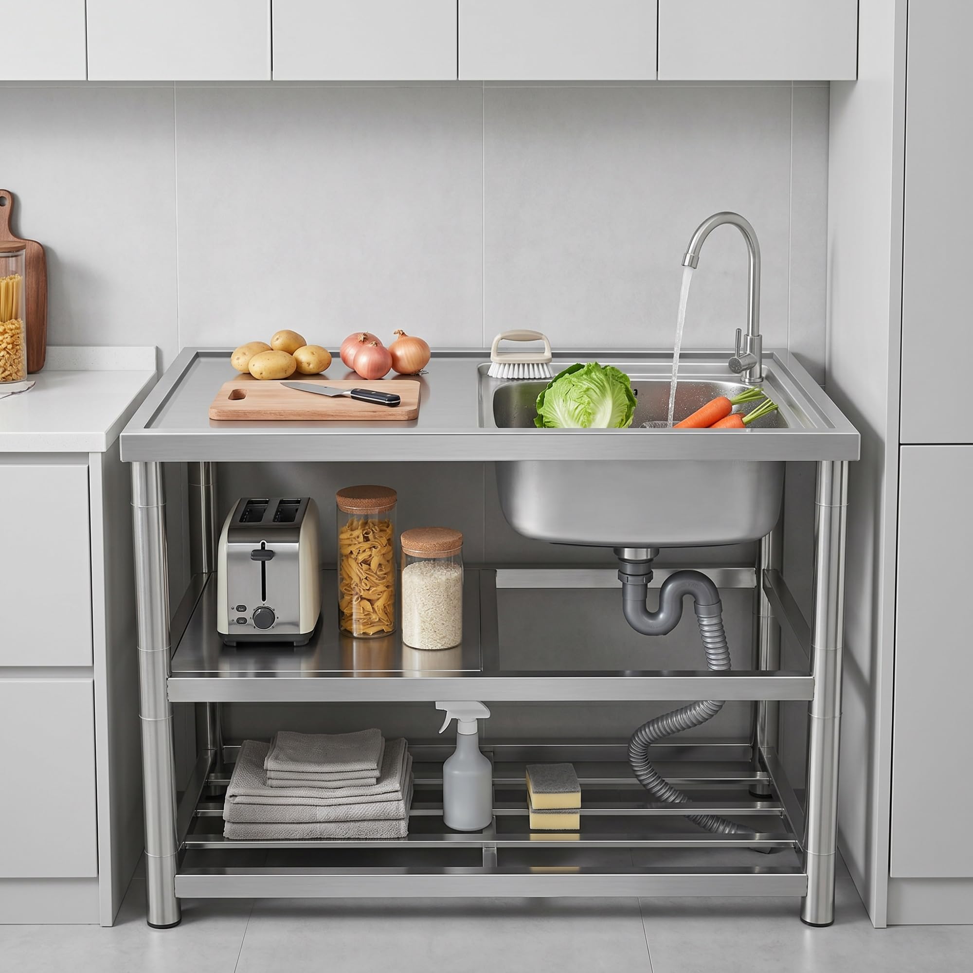 Lavandino da Esterno Inox Professionale Autonomo, Lavello da Cucina con Piano di Lavoro e Ripiano, Lavabo a Vasca Singola con Rubinetto Caldo/Freddo(100X45X80cm)
