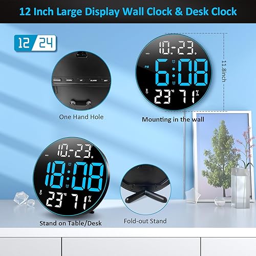 Miniatura 2 de PiKaPiKaP Reloj de pared digital con pantalla grande, reloj digital de 12 pulgadas con control remoto, calendario, atenuación ajustable,