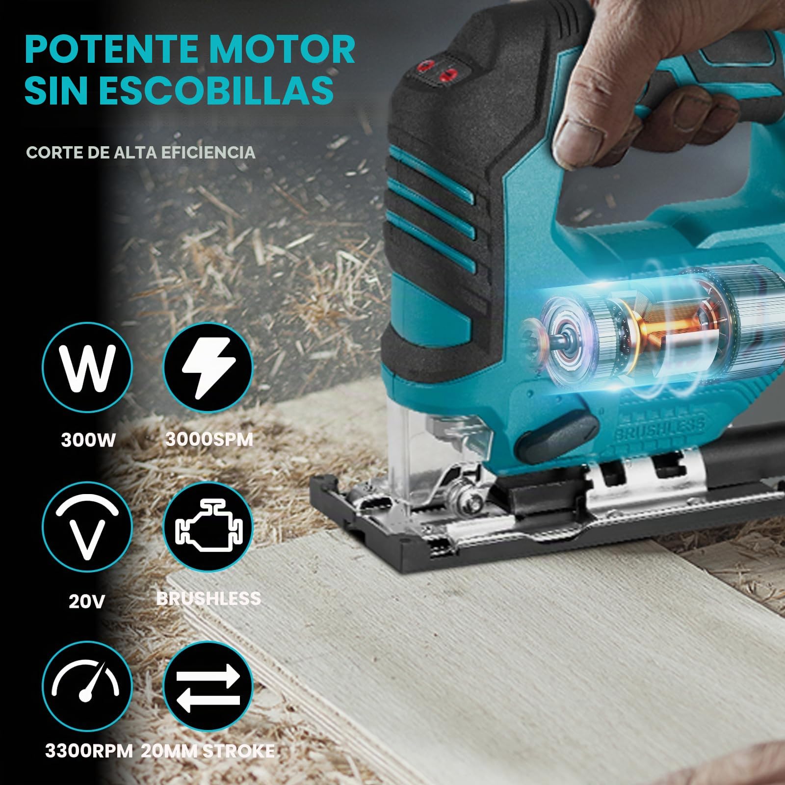 ONEVAN Sierra de calar con batería, sierras eléctricas sin escobillas con 2 baterías de 3000mAh, -45° hasta 45° de corte en bisel con 3 ajustes orbitales, 20 mm de longitud de carrera, sierra