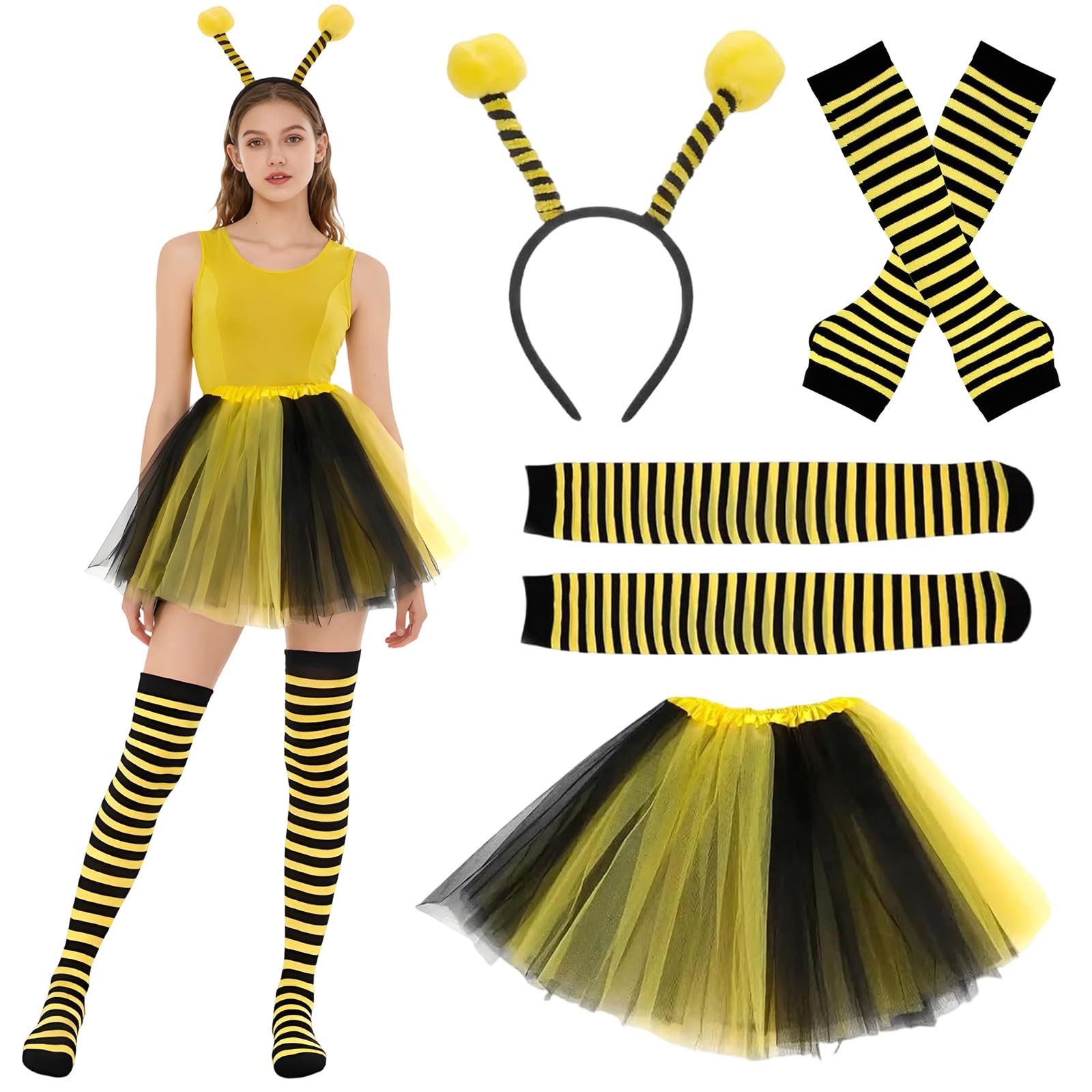 Disfraz de Abeja para Mujer Adulto, Abeja Costume de Accesorios de Disfraz Abeja de Carnaval con Diadema,Tutú,Guantes Rayas, Calcetines, Carnaval Disfraz Mujer para Cosplay Carnaval Fiesta Temática