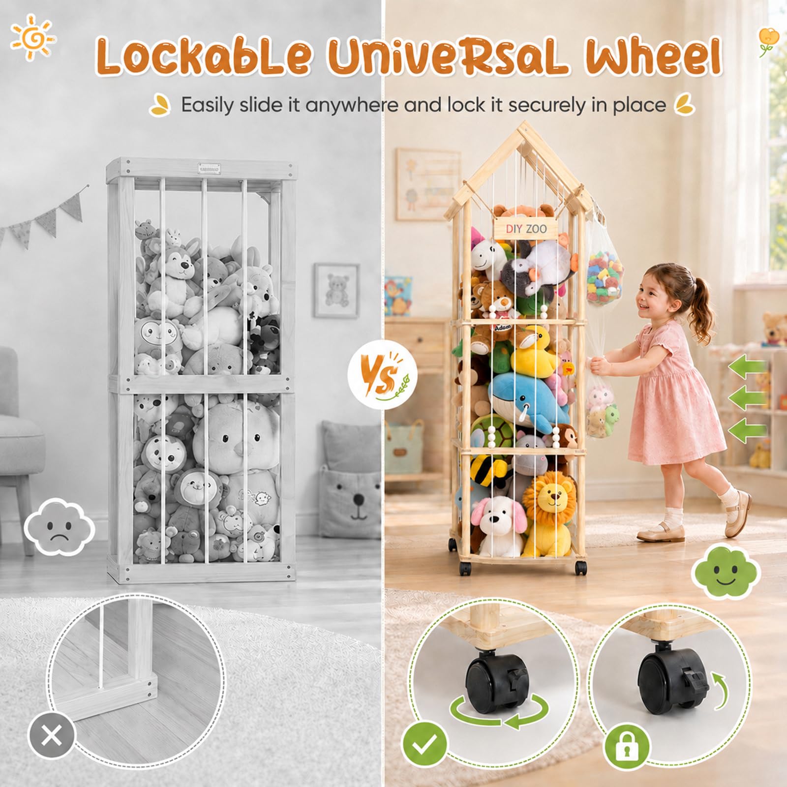 Kuscheltier Aufbewahrung, Stofftier Aufbewahrung 146 * 42 * 32cm Plüschtier Lagerung für Kinderzimmer, Spielzimmer, Schlafzimmer, Kinderzimmer Mit Aufbewahrungsbeutel(mit Dach)