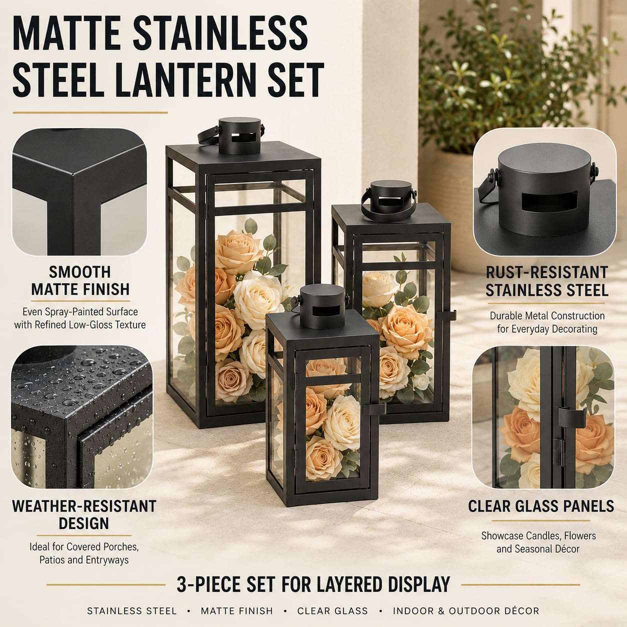 NEEDOMO Lanterne decorative in acciaio inox per esterni e interni, set di 3 lanterne da esterno per portico, 63,5 cm/49,5 cm/38,1 cm, in acciaio inossidabile con vetro, impermeabile, per casale