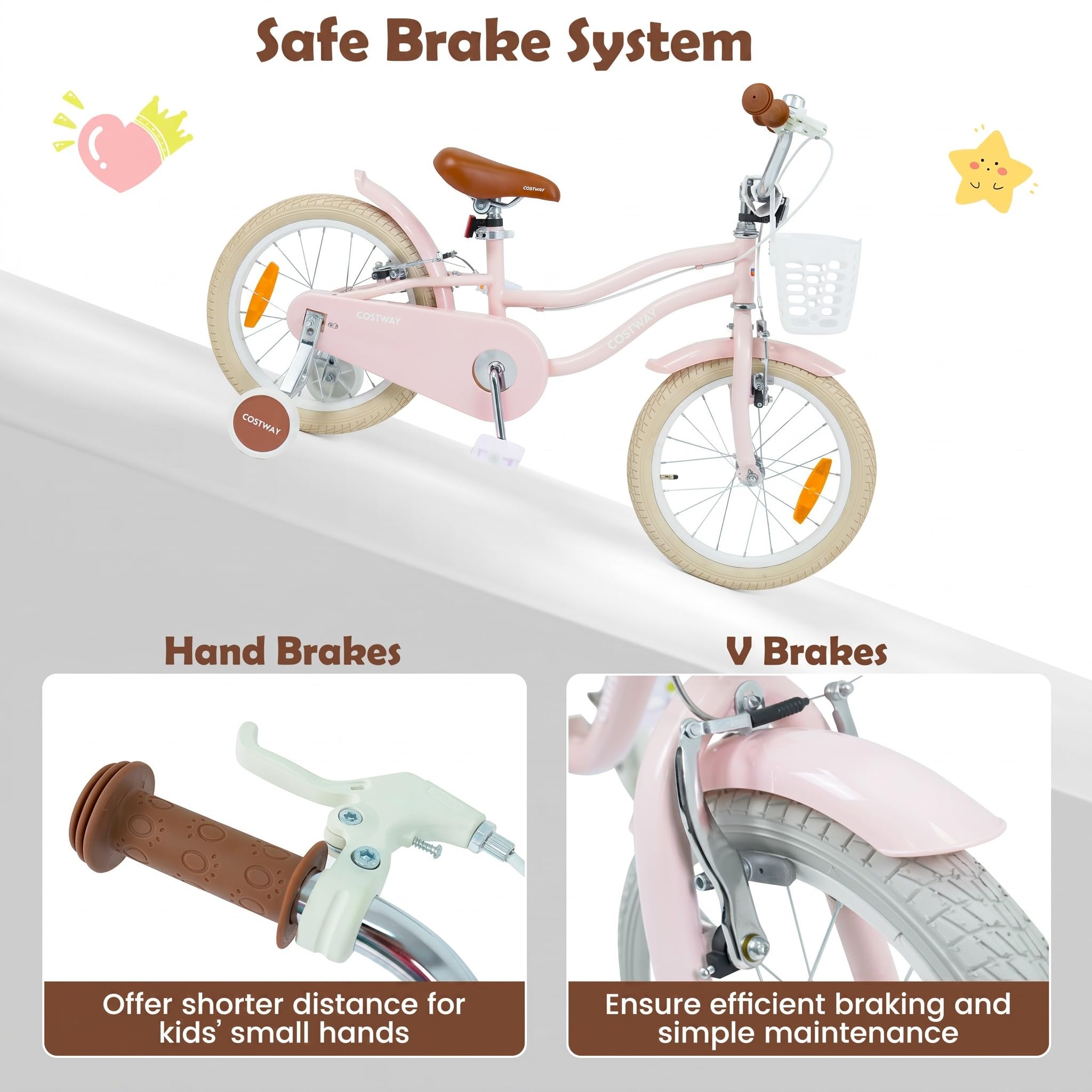 COSTWAY Kinderfahrrad mit Korb & Klingel, 14/16 Zoll Mädchenfahrrad mit höhenverstellbarem Sattel & Lenker, Fahrrad mit Doppelbremsen, abnehmbaren Stützrädern für 3-7 Jahren Mädchen