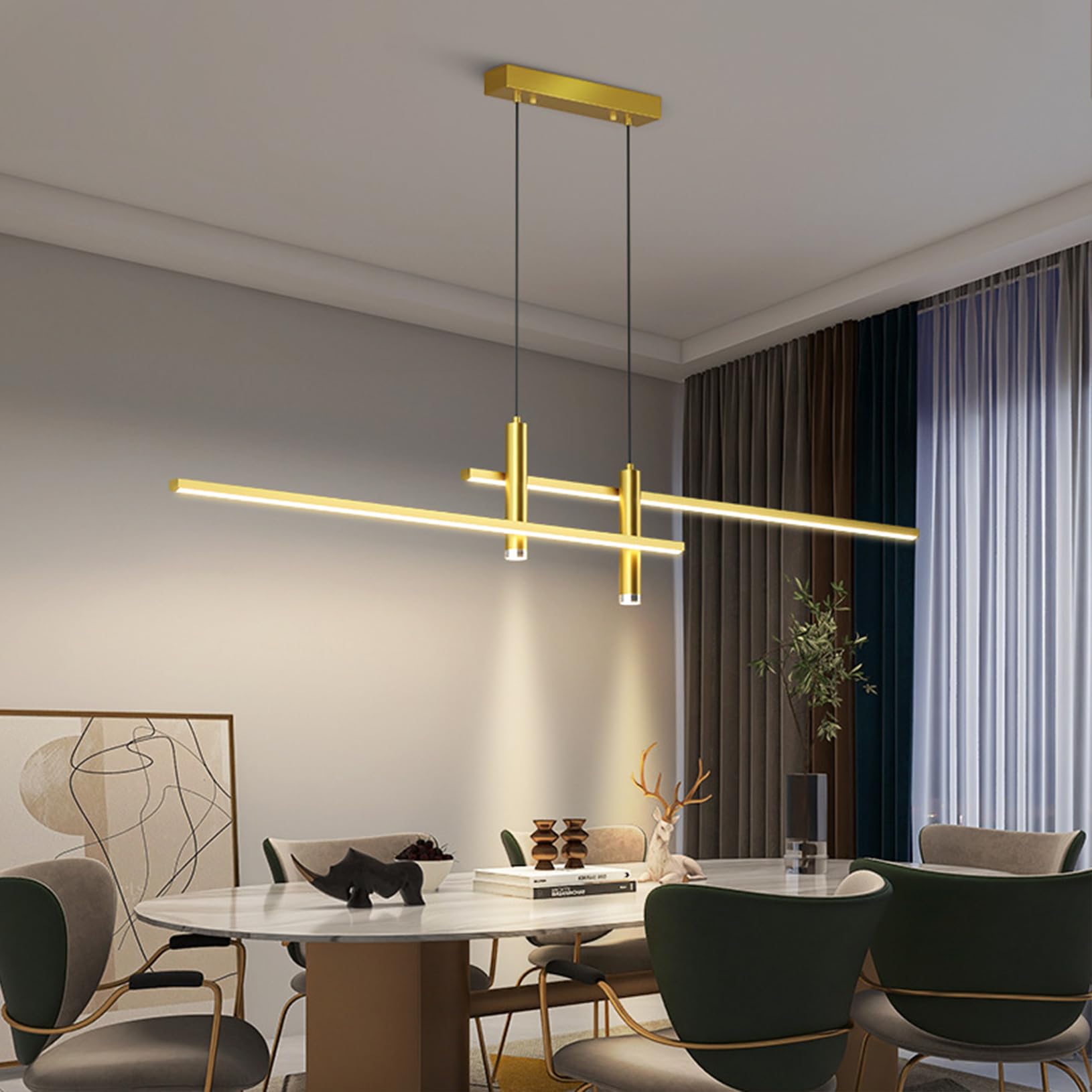 Bellastein Modern LED Pendant Lamp Dining Table Pendant Lamp Dimmable with Remote Control Dining Room Pendant Lamp Height Adjustable Chandelier for Living Room Office Pendant Lamp (Gold, L150cm)