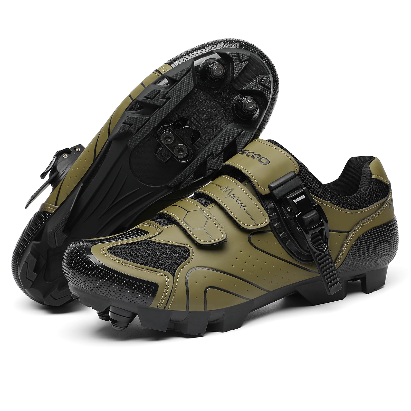KESCOOMens Mountain Bike Shoes with 2-Bolts SPD Cleats Included, Cycling Shoes with Quick Ratchet Buckle Indoor Outdoor Riding Biking Light Brown 42