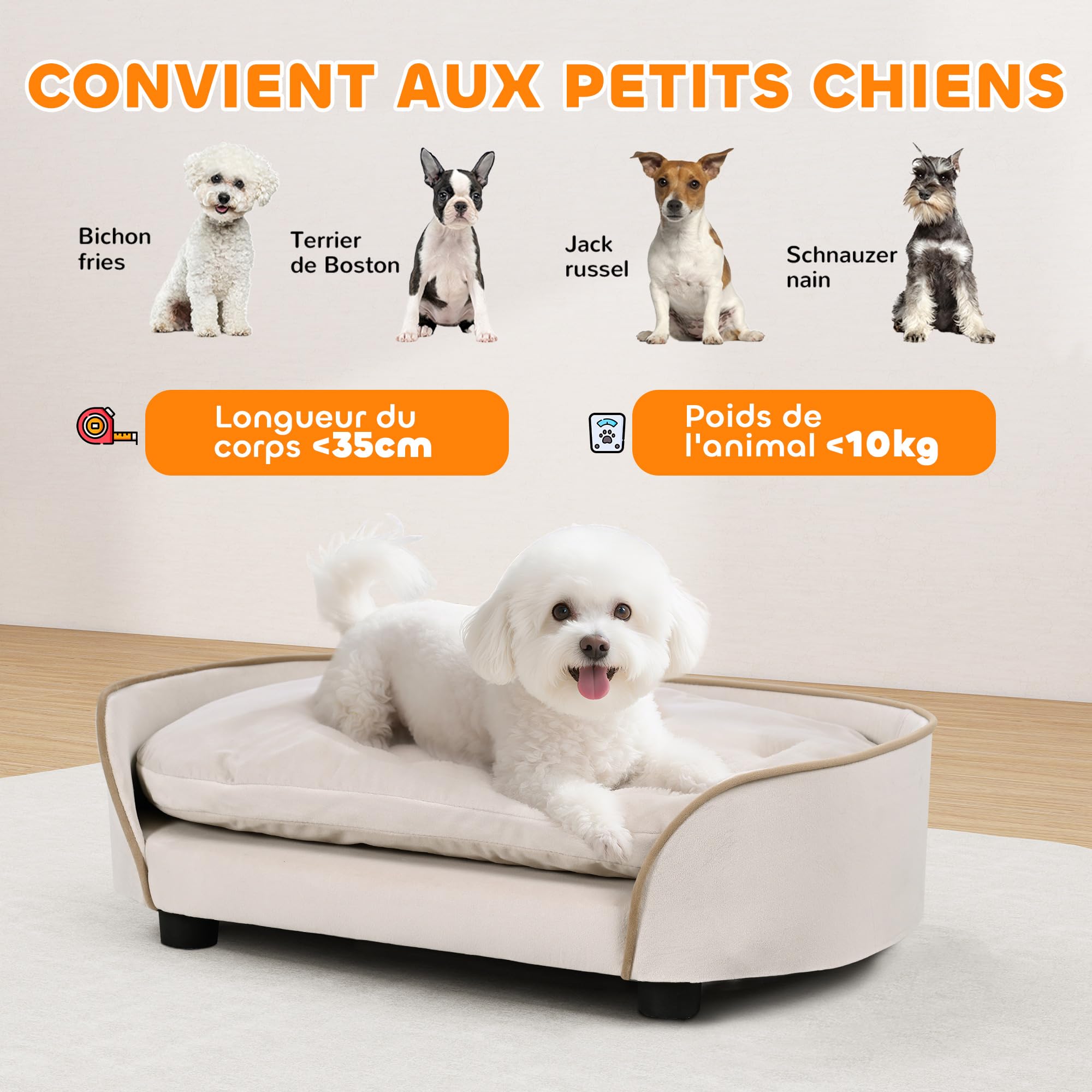 PawHut Canapé pour Chien, canapé pour Animal de Compagnie avec Coussin Amovible et Housse Lavable, en Velours, 66 x 43 x 19,5 cm, Beige