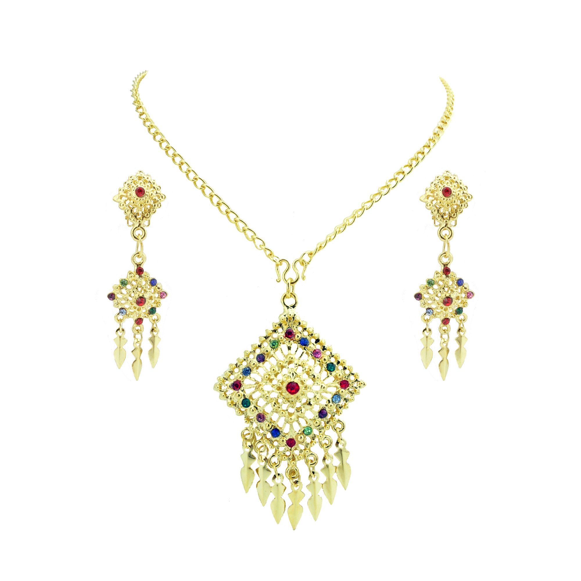 SiwalaiThai Traditional Gold Plated Multicolor Crystals Necklace Earrings Jewelry Set 24 Inches