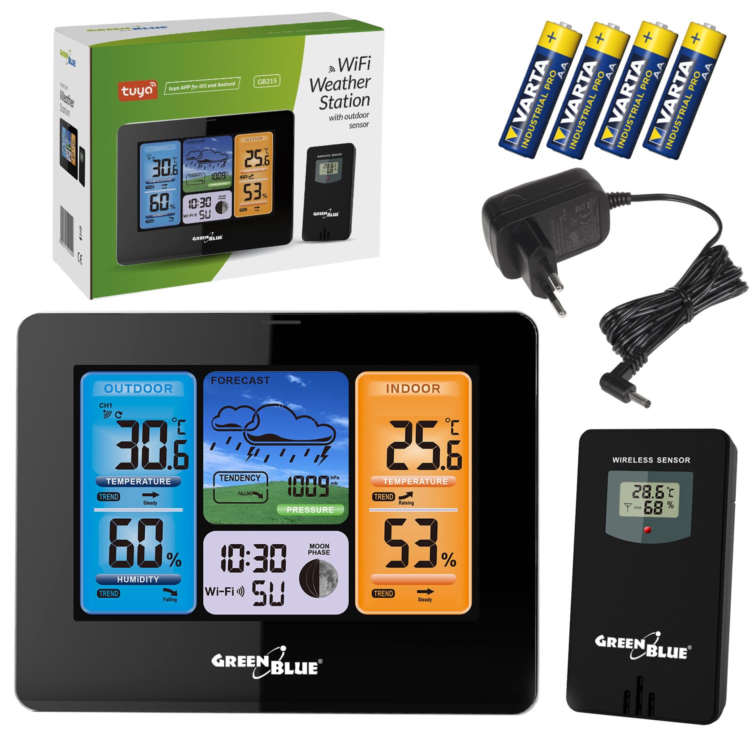 GreenBlue GB215 - Stazione meteo WiFi con app Tuya, sensore esterno wireless, display a colori, barometro, igrometro, previsioni meteo, calendario e fase lunare, IPX4, adattatore e batterie AA incluse