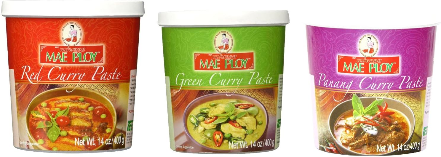 Mae Ploy Red Curry Paste, Green Curry Paste and Panang Curry Paste Set. Great Cooking Gift.