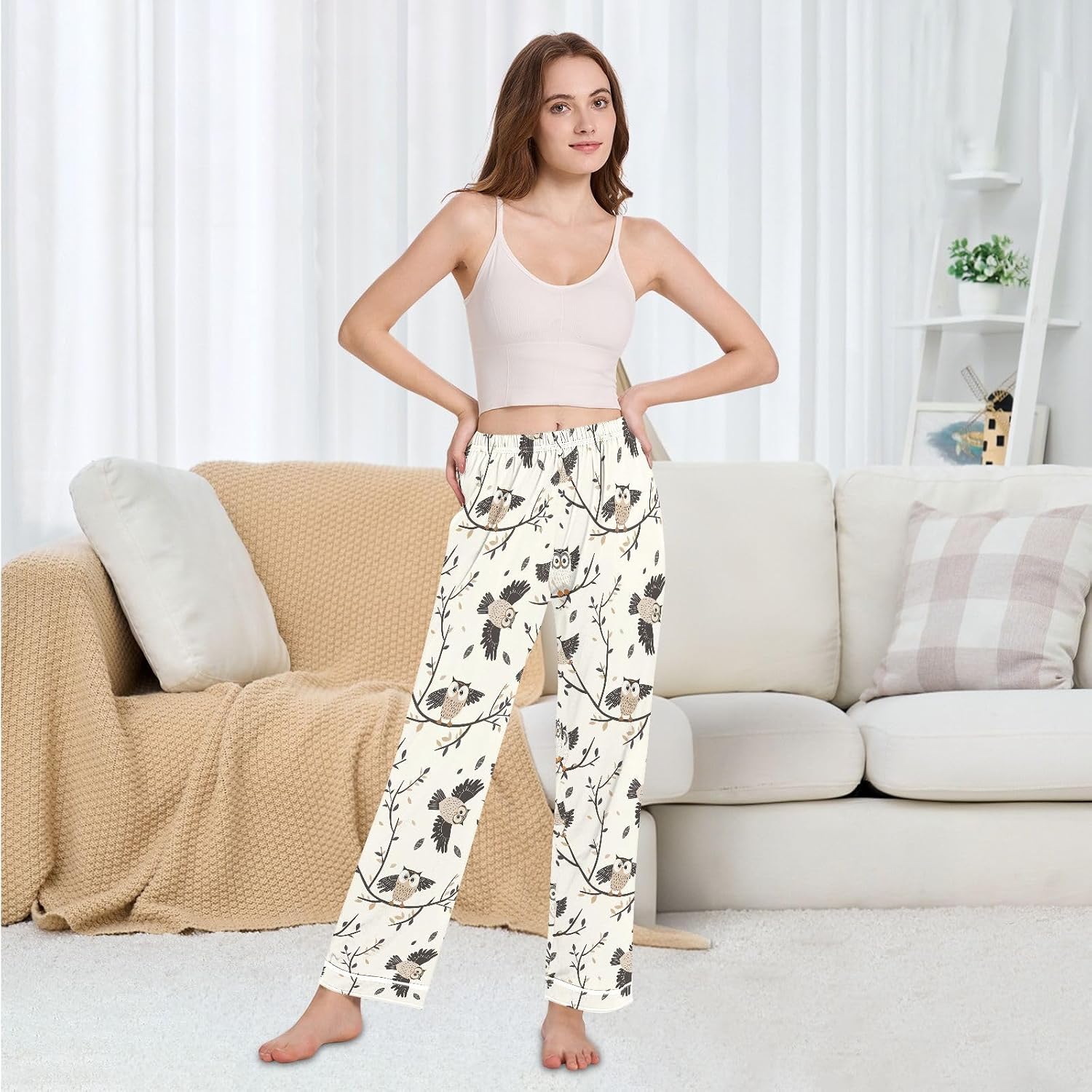 Pajama Pants Women Owls Branches Soft Sleep Lounge Pj Bottoms with Pocket S-XXL