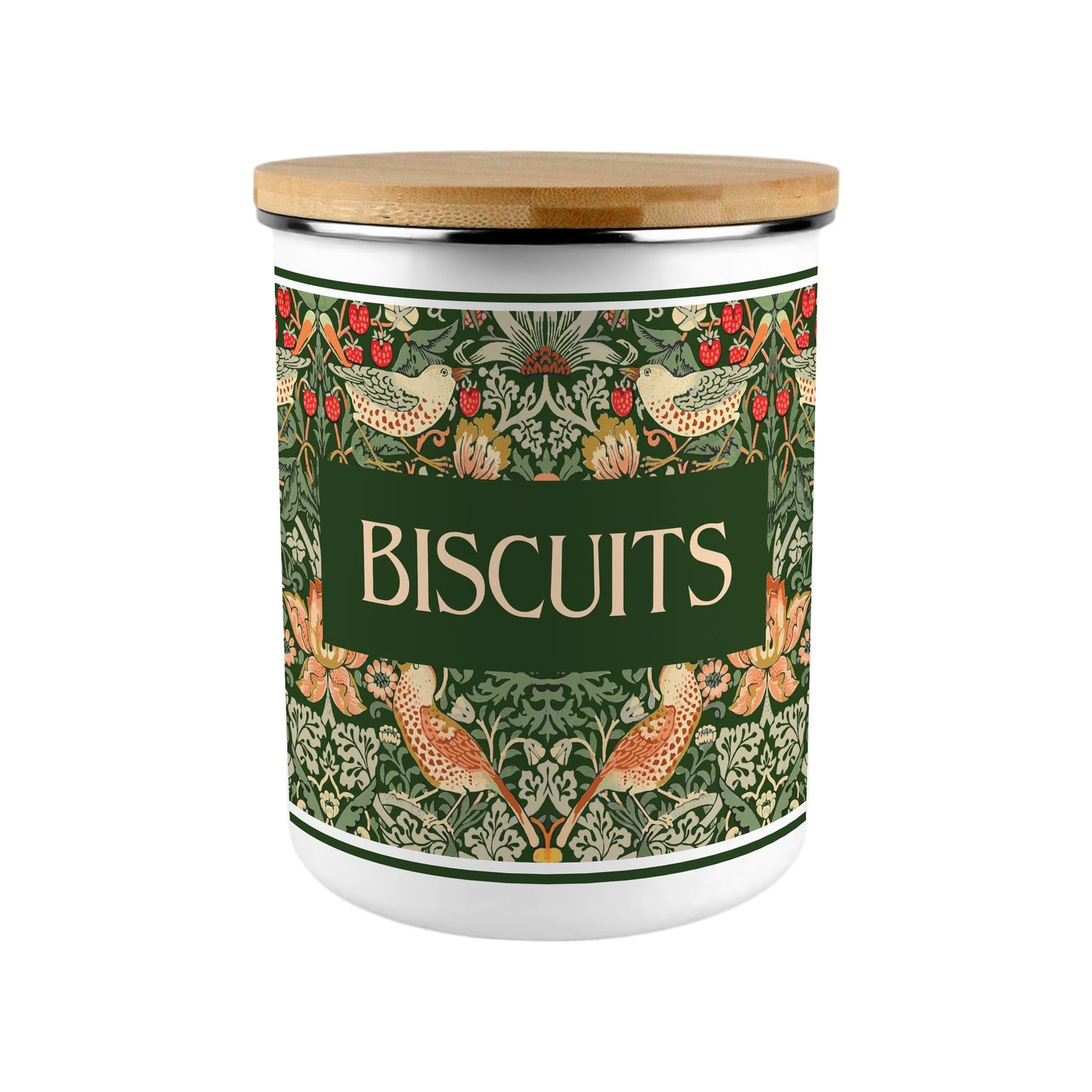 Purely Home Green Strawberry Thief Biscuits Storage Canister - Floral 2.7L Extra-Large Enamel Home & Kitchen Organisation Container