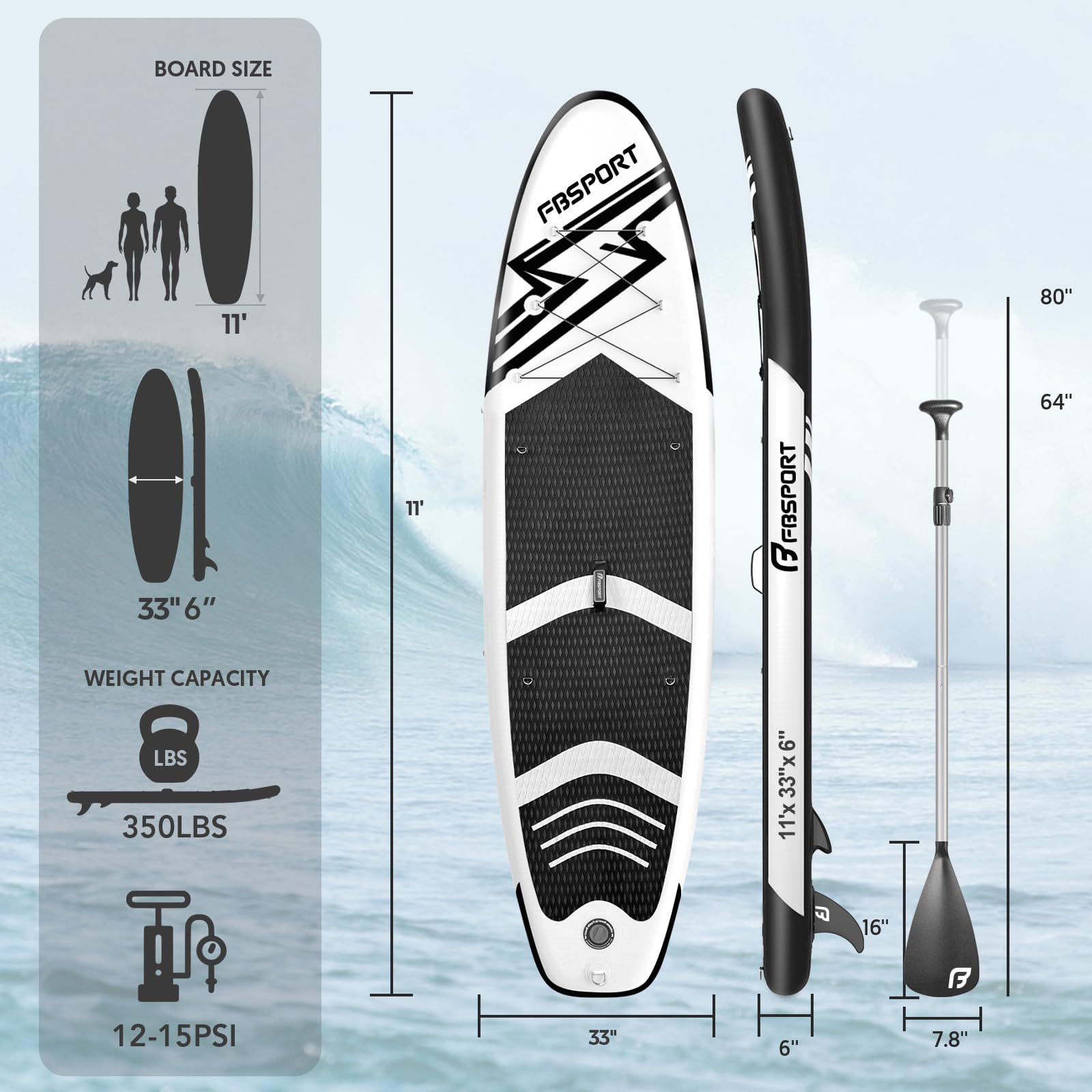 FBSPORT Tavola da SUP Gonfiabile SUP, Stand Up Paddling Board, Stand Up Paddle Board Gonfiabile per Stand Up Paddling 15CM Spessore, Surf con Alluminio Regolabile SUP Paddle + Pompa
