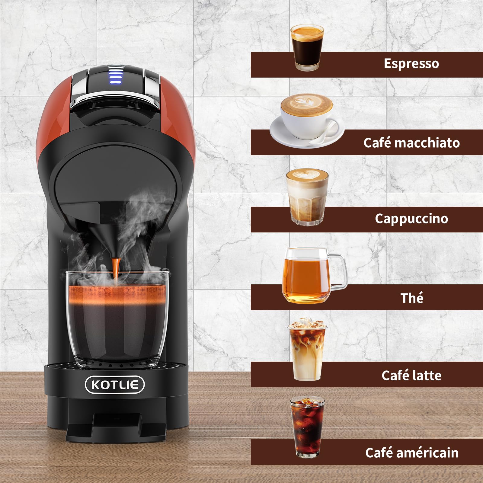 KOTLIE 308A Cafetière à Température Réglable, pour Café Glacé, Orange | Système polyvalent 5-en-1 accepte capsules (NES, DG, A MODO MIO), dosettes ESE et café moulu pour une variété de boissons.