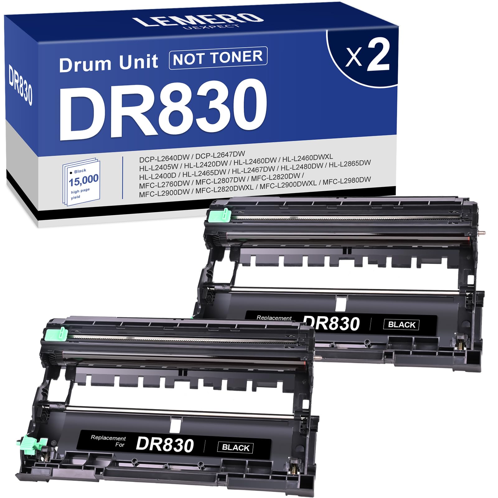DR830 Drum Unit Compatible Replacement for Brother DR830 DR 830 DR-830 Drum to use with HL-L2460DW DCP-L2640DW HL-L2405W MFC-L2820DW HL-L2400D HL-L2480DW MFC-L2820DW Printer 2 Pack (Drum only)
