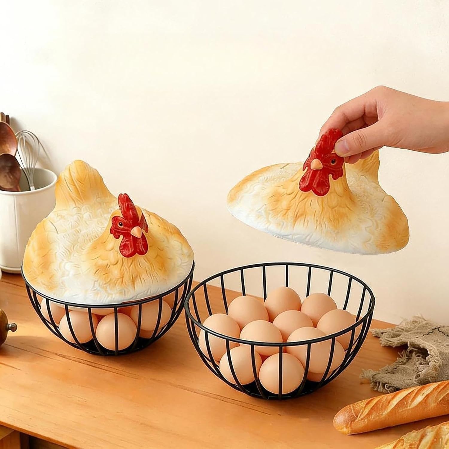 Cestino Porta Uova con Coperchio a Forma di Gallina, Decorativo per Raccolta Uova Fresche, in Filo Metallico per Piano Cucina, per Verdure e Dispensa