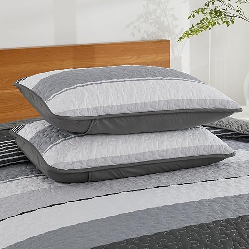 Miniatura 9 de Dinjoy Juego de edredón bohemio negro y blanco, tamaño Queen, colcha a rayas gris oscuro, juego de ropa de cama de 3 piezas para hombre, juego de