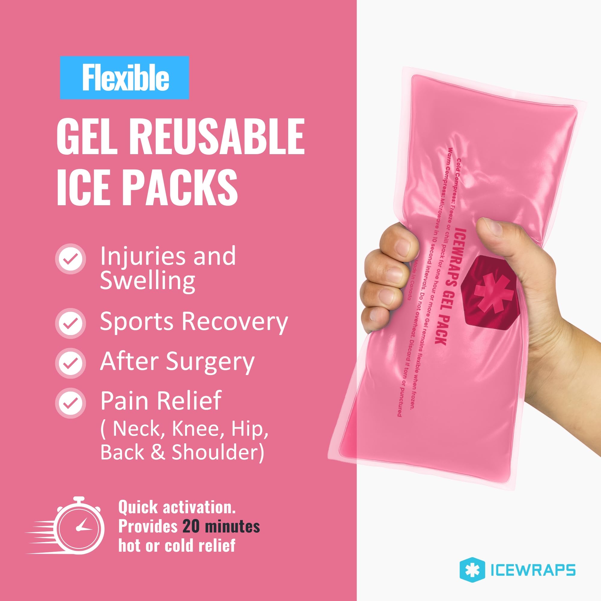 ICEWRAPS Paquetes de hielo reutilizables de gel flexible de 6 x 12 pulgadas para lesiones, después de la cirugía y alivio del dolor, cuello, rodilla, cadera, espalda y hombros, hinchazón de compresa