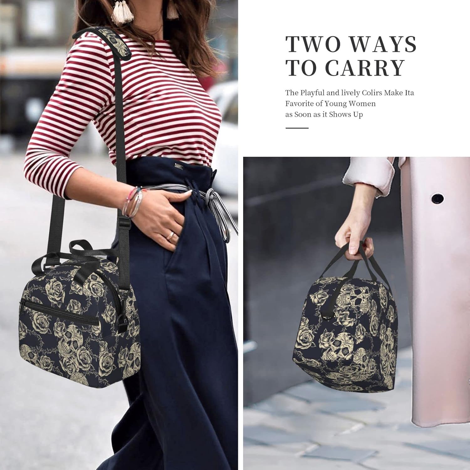 bassyil Skull Insulated Lunch Bag Reusable Lunch Box With Adjustable Shoulder Strap Cooler Tote Bag For Men Women - Image 8