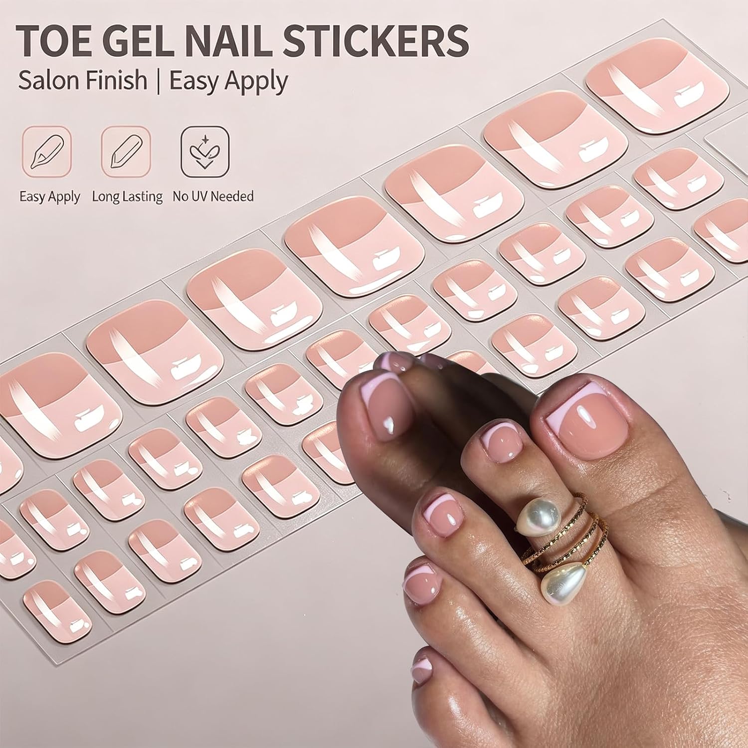 Pink French Tip Gel Toe Nail Strips, Self Adhesive Full Cover Gel Toe Nail Wraps, No UV Lamp Needed, Glossy Long-Lasting Finish for Salon-Quality DIY French Pedicure