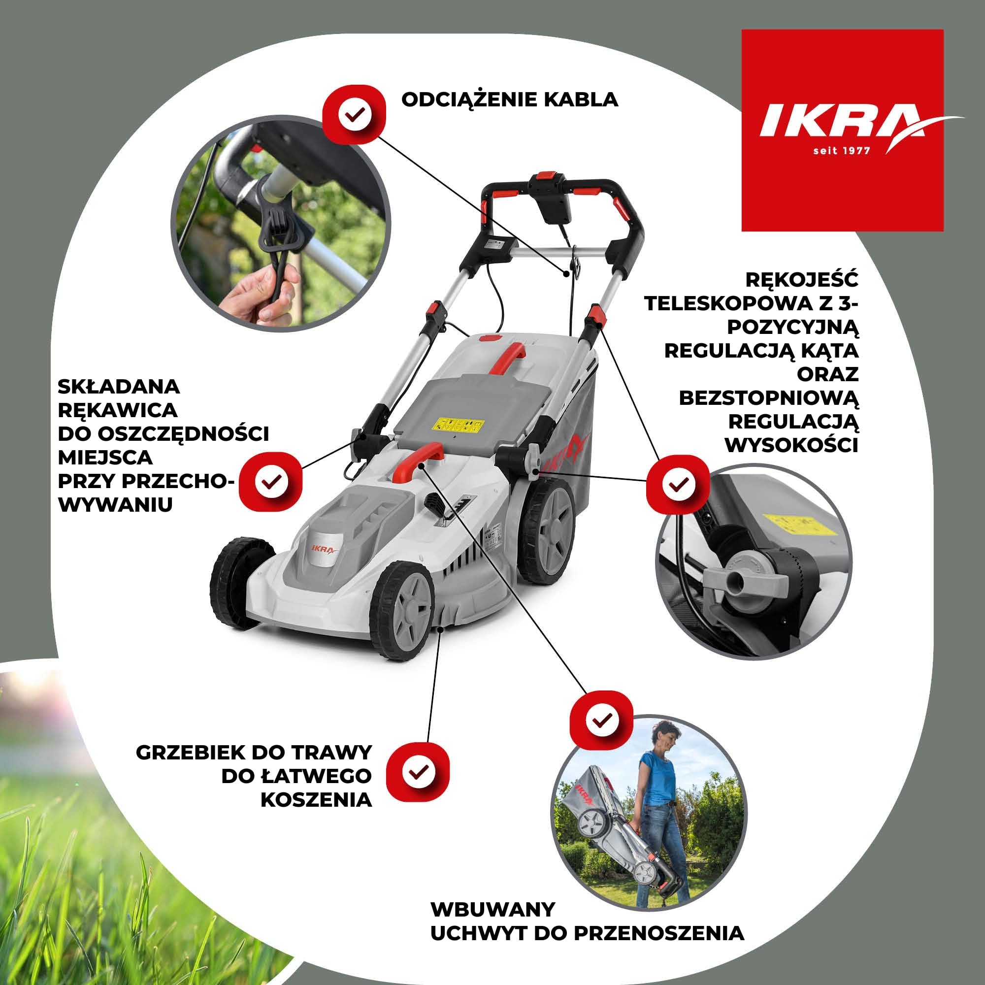 IKRA Kosiarka elektryczna IERM 2043 T, 2000W, 43cm, nóż zapasowy w zestawie | 3-stopniowa regulacja uchwytu, 5 wysokości koszenia 30–75 mm, kosz 50 l i zestaw do mulczowania, hartowany nóż