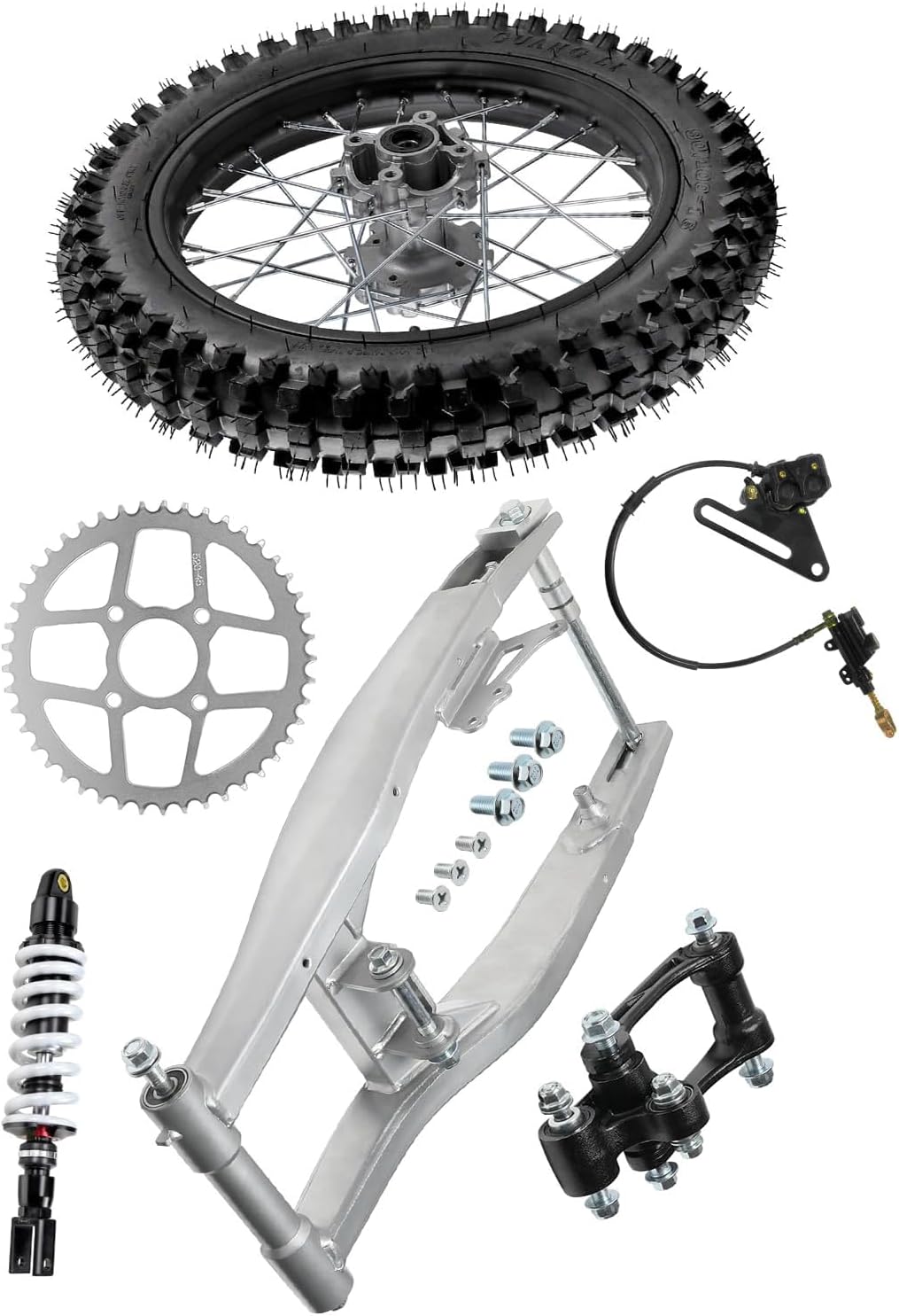 90/100-16 Rear Dirt Bike Wheel with 1.85x16 Rim, 15mm Bearing, Swing Arm, 370mm Shock, Sprocket & Brake Caliper for Pit Bike Off-Road Motocross Motorcycle