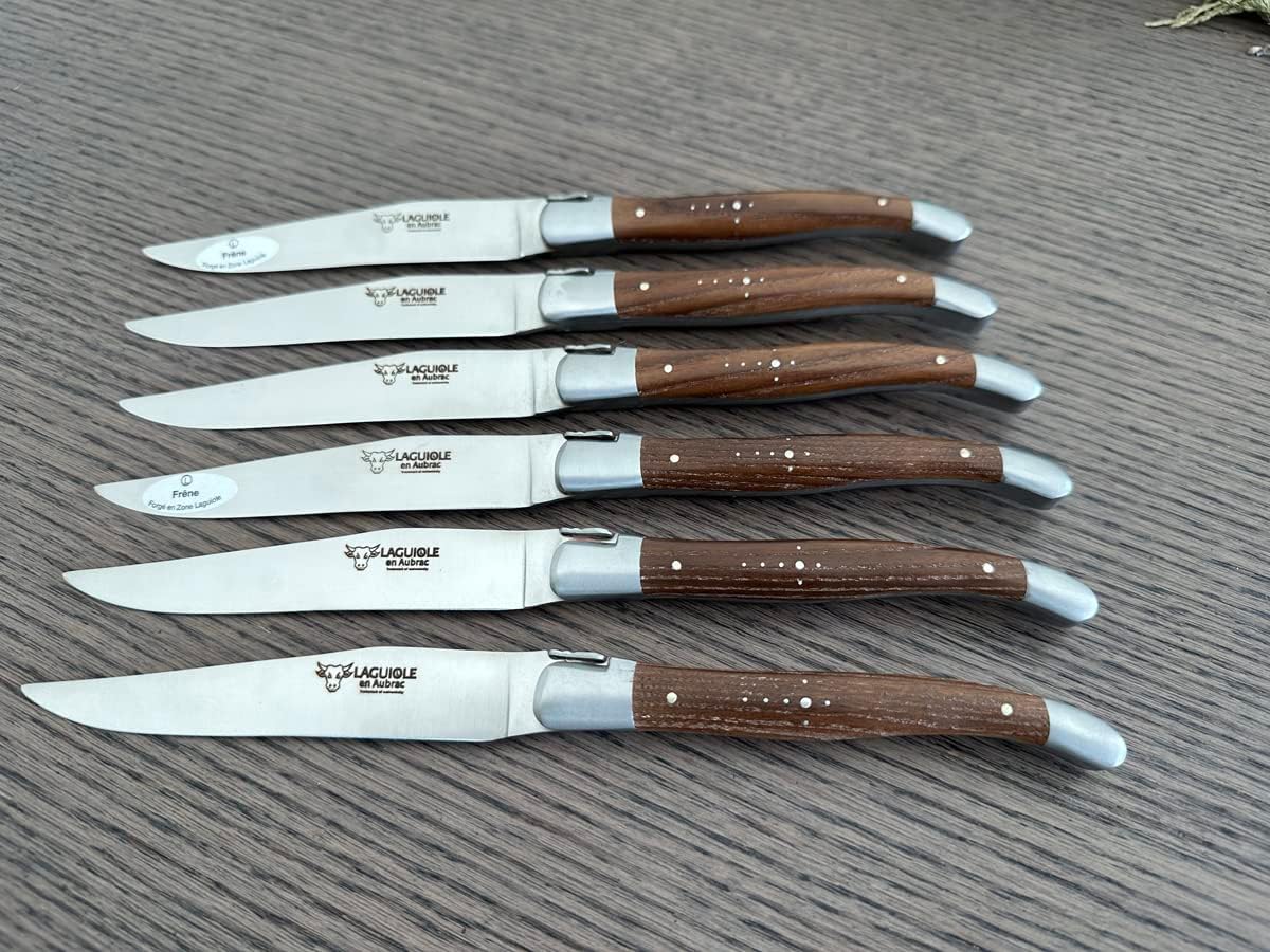 Laguiole en Aubrac Luxury Fully Forged Full Tang Stainless Steel Steak Knives 6-Piece Set with Ash Wood Handles, Stainless Steel Matte Bolsters