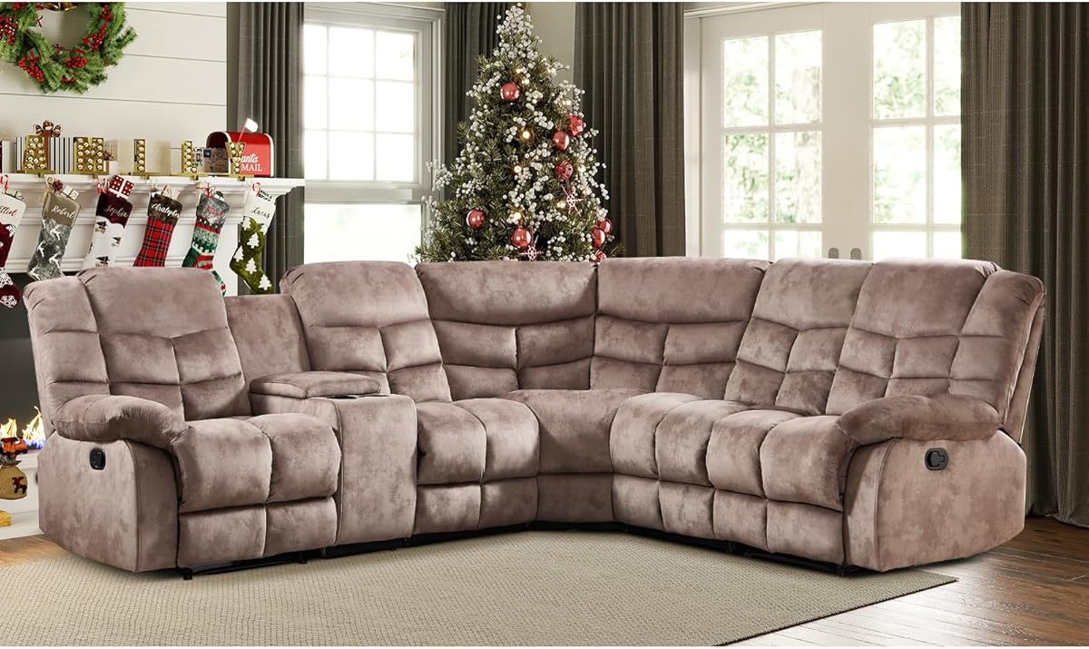EBELLO Manual Reclining Sectional Sofa Set for Living Room, Soft Fabric Recliner Corner Sectional Couch with Center Console, Cup Holder and Storage, Brown